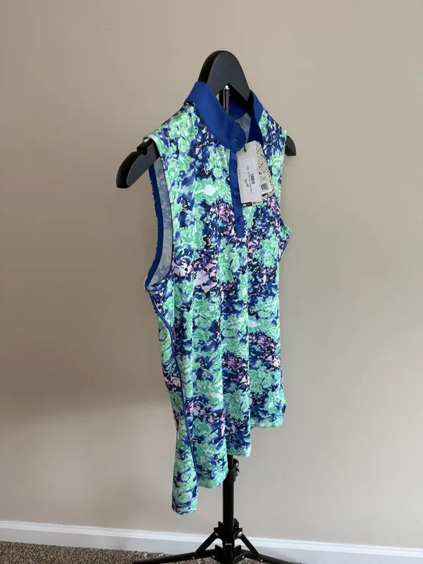 EP‎ New York Women's Sleeveless Mock Neck Floral Bluebell Golf Polo- M - Image 3
