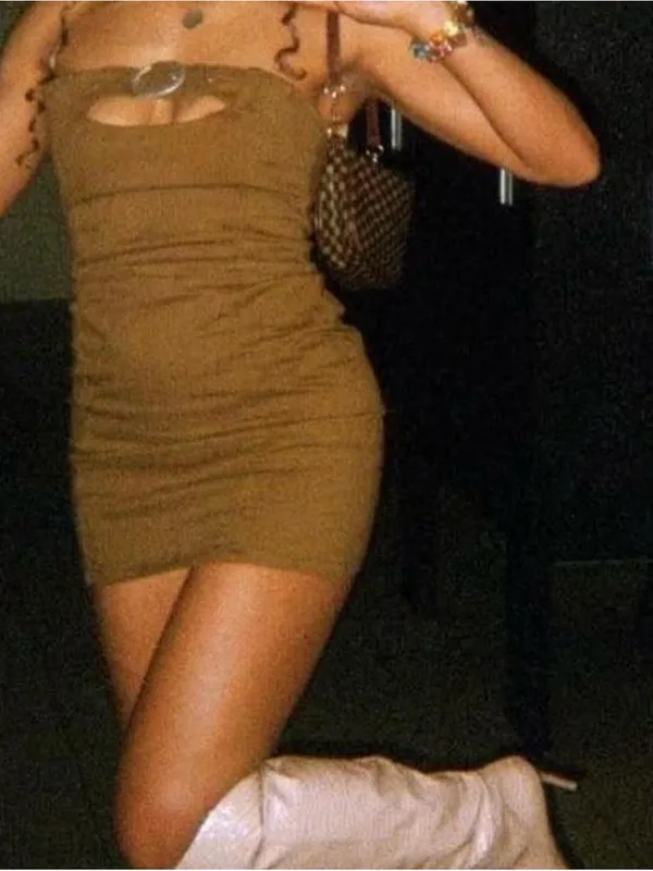 PrettyLittleThing Brown Strapless Mini Dress with Buckle Belt - Image 3