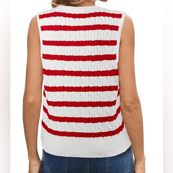 Wiholl cable knit sleeveless sweater. Pink on ivory stripes. Size Small - Image 7