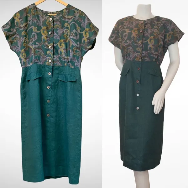 Vintage 80s Dress Linen Dress Green Pencil Skirt Floral‎ Short Sleeves Button-Up - Image 2