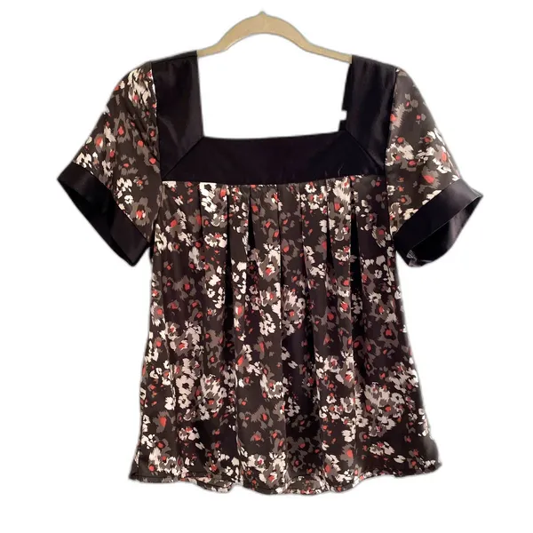 Apostrophe Brown Floral Blouse Flounce Sleeve Square Neck Relaxed Top Sz M - Image 3