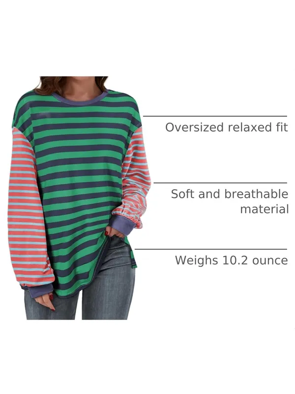 BLENCOT Women's Oversized T Shirts Fall Long Sleeve Striped Color Block. Size M - Image 3