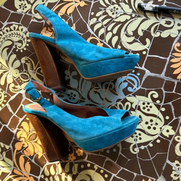 Jeffrey Campbell Teal Suede Peep-Toe Slingback Heels - Image 2