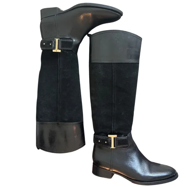 Tory Burch Tenley Riding Boots Black Leather Suede Gold T Logo Sz 8 - Image 5