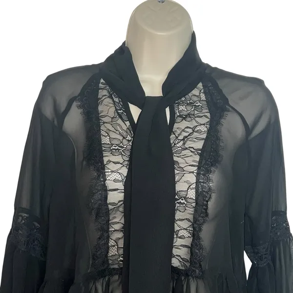 Free People Women Sheer Lace Detail Long Sleeve Tie Neck Blouse Top Black XS - Image 2