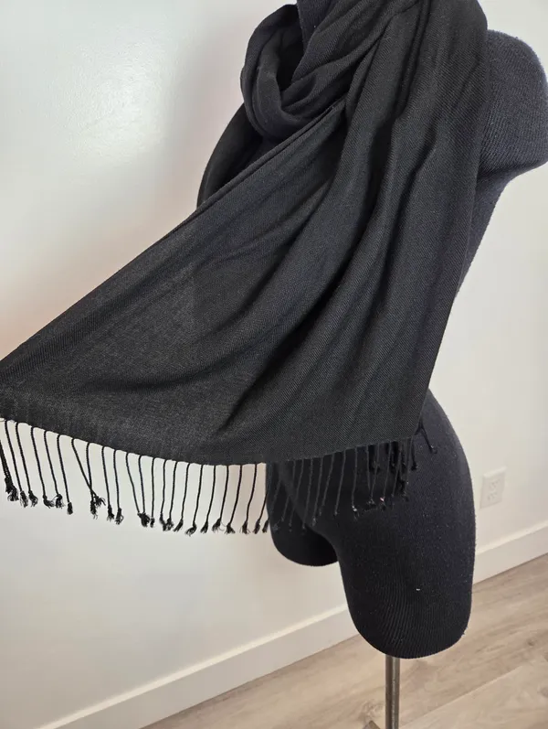 Black Fringe Trim Scarf Rectangle Classic Lightweight Academia Whimsigoth Unisex - Image 5