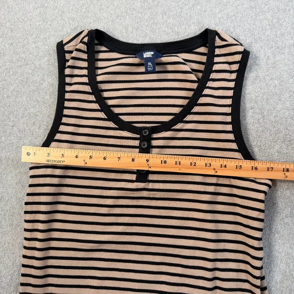 Lands' End Women's XL 16/18 Tan Black Striped Ribbed Henley Tank Top Casual - Image 5