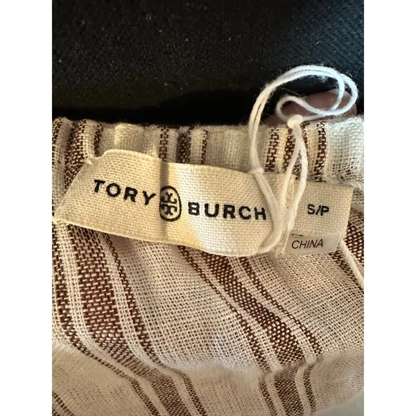 Tory Burch Striped Linen Maxi Dress Brown Cream Tassel Tie Straps 87512 Small - Image 7