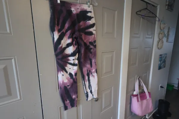 PINK Victoria's Secret tie dye sweatpant joggers outline pink on left leg in purple, black and pink size XS. - Image 8