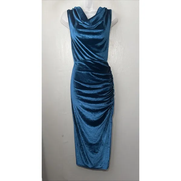 Zaful Velvet Midi Dress Size 6 Blue Ruched Party Fairy Whimsigoth Wedding Guest - Image 3