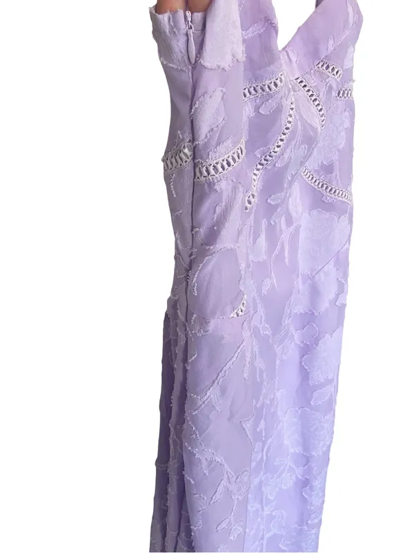 Lavender Floral Jacquard Lace Up Back Midi Dress Wedding Guest M - Image 8