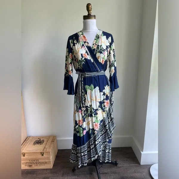 Farm Rio Anthropologie Midnight Flower Wrap Dress Blue Floral Cottage Small - Image 3
