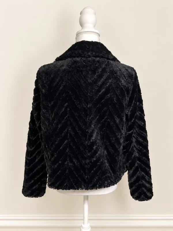 Nina Leonard Black Faux Fur Chevron Bolero Jacket Size M Satin Lined Luxury Glam - Image 4