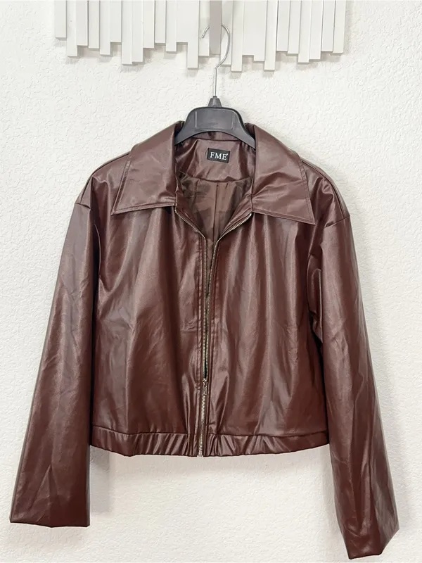 Amazon Brown Faux Leather Collared Zip Front Cropped Bomber Jacket - Image 4