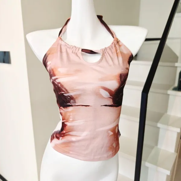 Abstract Figure Print Halter Cami Top Keyhole Cutout  - Image 2