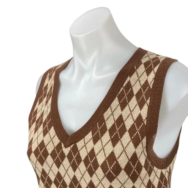 Aritzia Sunday Best Women's Brown Wool Argyle Sleeveless Sweater Vest Top Size S - Image 2