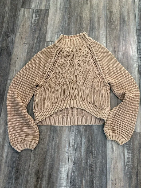 Free People Tan Knitted Chunky Cropped Sweater, Medium - Image 9