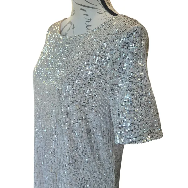 7 For All Mankind‎ 5Y Womens Silver Sequin Shift Mini Dress Short Sleeve Medium - Image 3