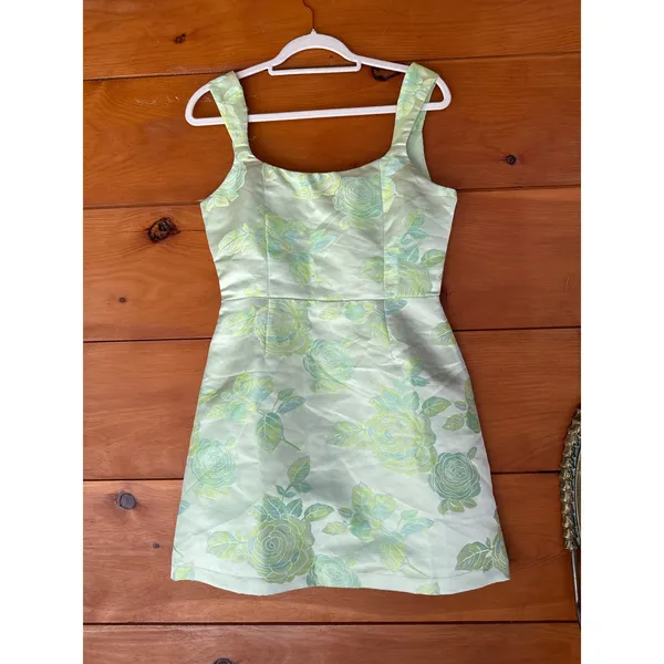 NWOT Lulus Brighter Side Light Green Floral Satin Jacquard Mini Dress Party XL - Image 3