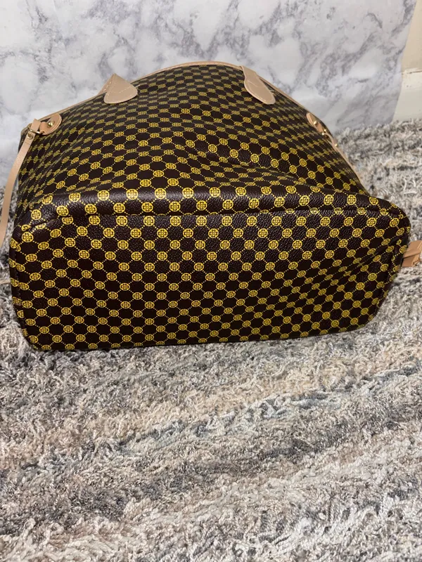 Brown Monogram Print Tote Bag with Beige Handles - Image 6