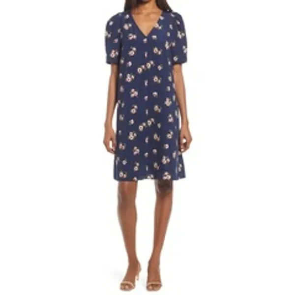 Chelsea28 Floral Puff Sleeve V-Neck Navy‎ Shift Dress Size Large - Image 3