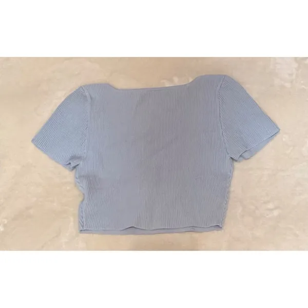 Babaton Sculpt Knit Square Neck Crop Top Light Blue Ribbed Short Sleeve Medium M - Image 4
