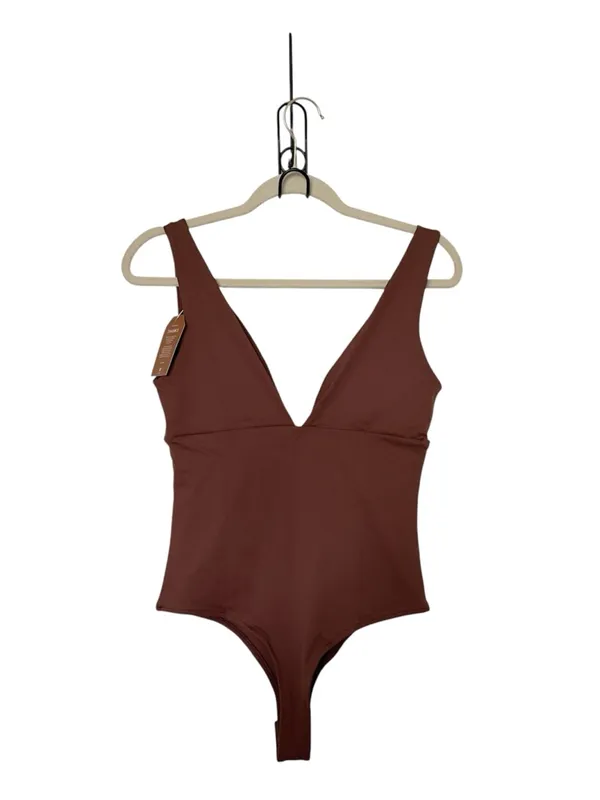 Reoria Medium Mocha Brown Plunge‎ Neckine Minimalist Bodysuit Capsule Wardrobe - Image 2