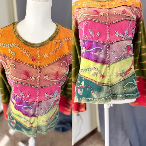 Boho Patchwork Embroidered Tie Dye Top Women's Small Multiple - Image 3