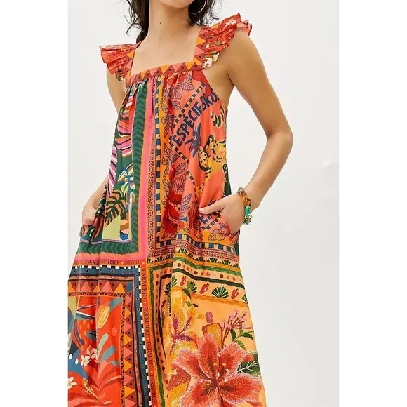 Anthropologie FARM RIO Mosaic Midi Dress Cotton Pockets Colorful Tropical Medium - Image 4