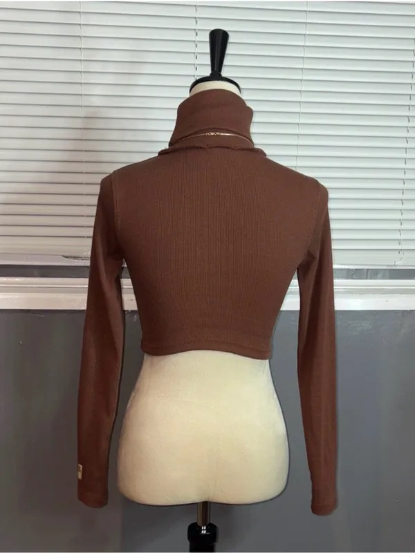 PrettyLittleThing Brown Ribbed Exposed Seam Cropped Turtleneck Top US 2 - Image 5