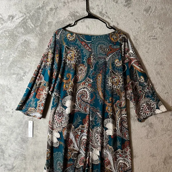 Paisley Print Shift Tunic Dress 3/4 Sleeve Boho Chic Teal Multicolor Size 3X New - Image 3