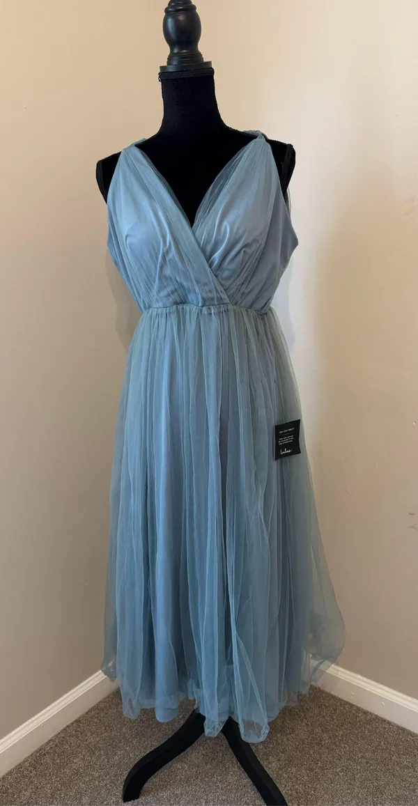Lulus Elegant Ambiance Slate Blue Tulle A-Line Midi Dress Size Medium - Image 3