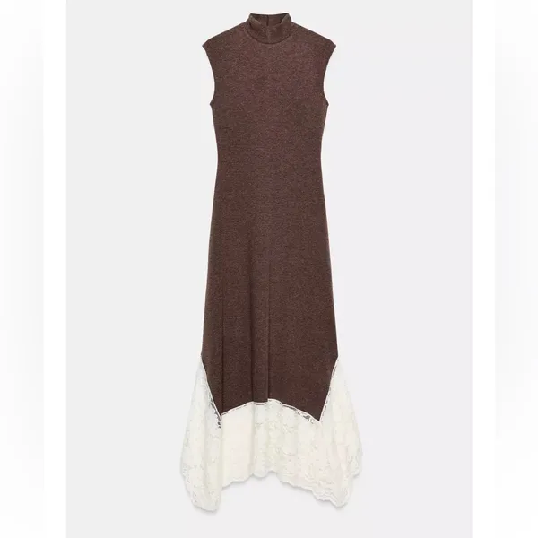 Zara NWT brown lace hem fitted long maxi dress - Image 5