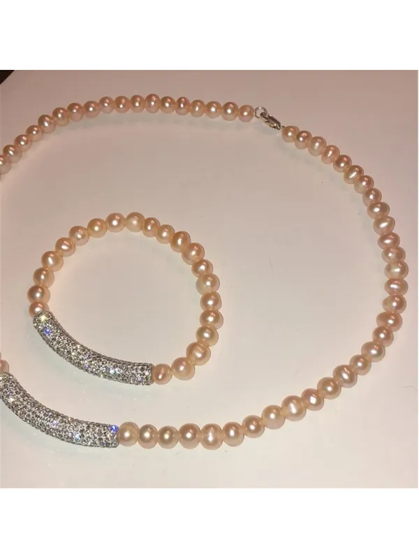 Pale Pink Genuine Pearls CZ Rhinestone Necklace Bracelet Set - Image 4