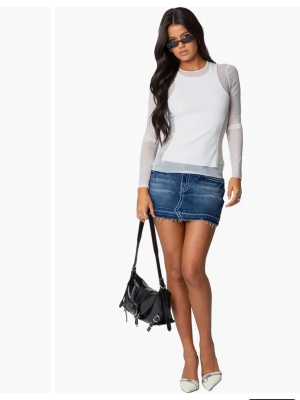 Edikted White Layered Mesh Sheer Ribbed Long Sleeve Top Small - Image 5
