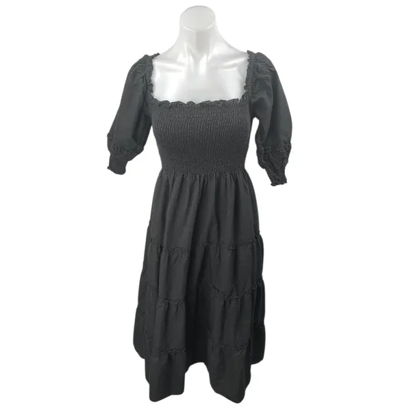 Hill House Home Nesli Black Puff Sleeve Smocked Tiered Midi A-Line Nap Dress XS - Image 2