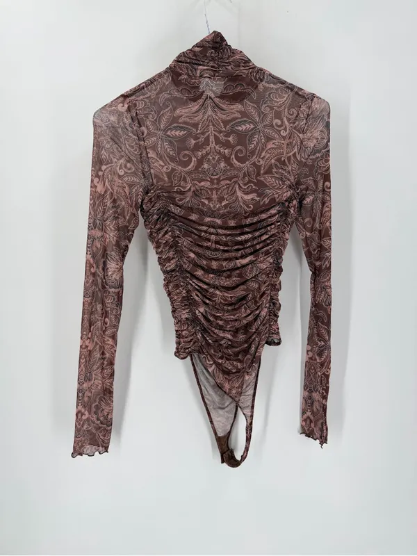 Free People Under It All Sheer Long Sleeve Mock neck Ruched Printed Bodysuit - Image 7