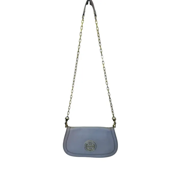 Tory Burch‎ Amanda Logo Gray Crossbody Clutch Gold Chain Flap Magnetic Closure - Image 3