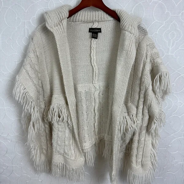 Madden NYC Womens Ruana Sweater OS Cream Open Front Fringe Cable Knit Poncho - Image 4
