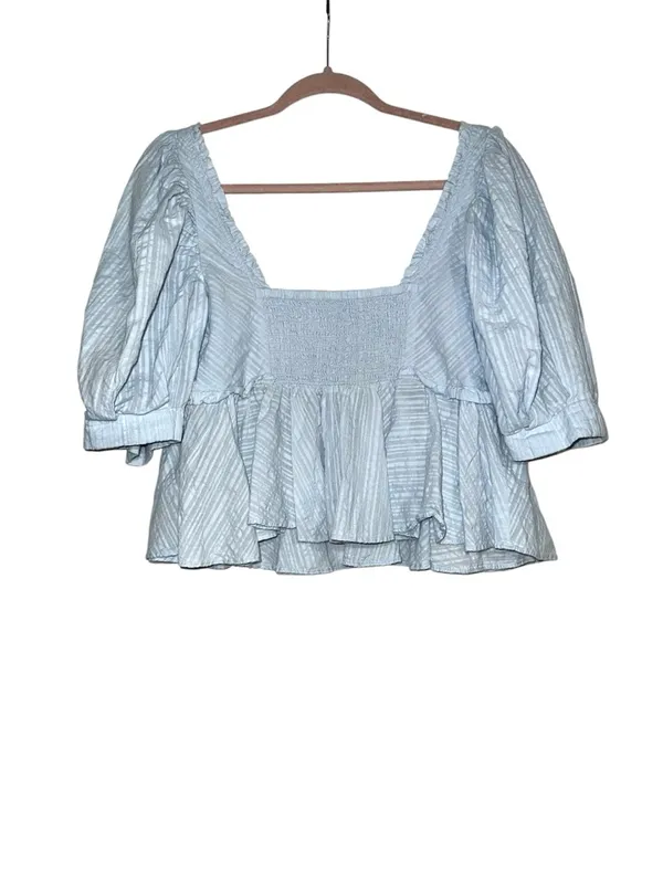 Free People Leave It To Me Baby Blue Puff Sleeve Square Neck Babydoll Top SMALL - Image 4