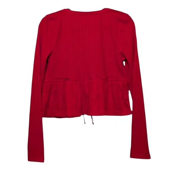 PILCRO Peplum Tie Waist Red Ribbed Knit Long Sleeve Babydoll Scoop Neck Top M - Image 5