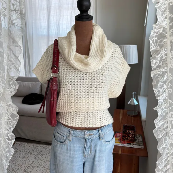 Nine West Vintage America Cream Waffle Knit Cowl Neck‎ Sweater Petite Large - Image 2