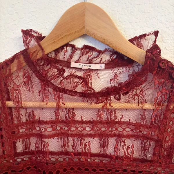 Tularosa Sheer Lace Top M Romantic Victorian Coquette Whimsigoth Ruffle Burgundy - Image 5
