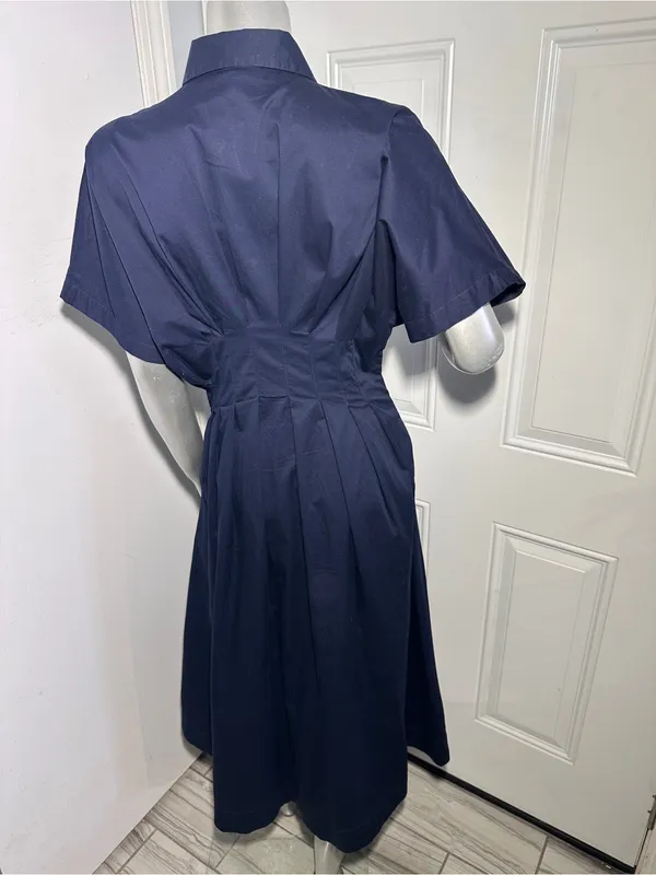 Quince Stretch Cotton Poplin Pleated Midi Shirt Dress Deep Navy Womens Size S - Image 5