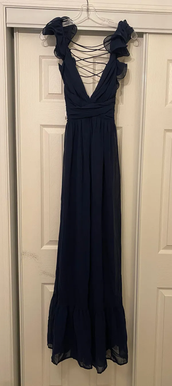 Lulus Soiree Celebration Navy Blue Ruffled Lace-Up Maxi Dress - Image 3