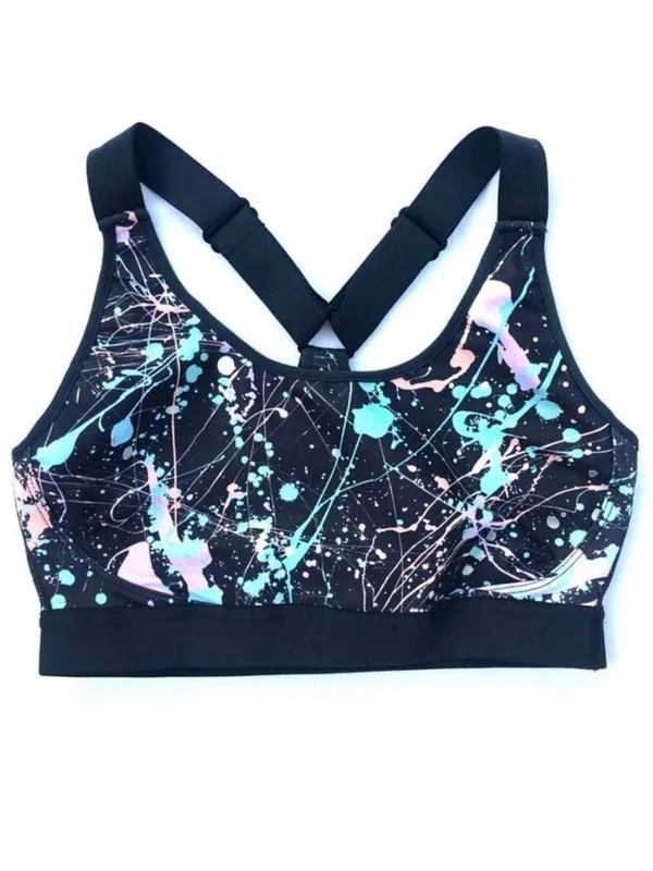 Printed Black Sports Bra with Pastel Splatter Detail - Image 3