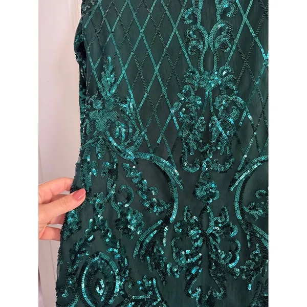 Unique Vintage 1920s Margaux Emerald Green Sequin Fringe Flapper Dress Small 4 - Image 3