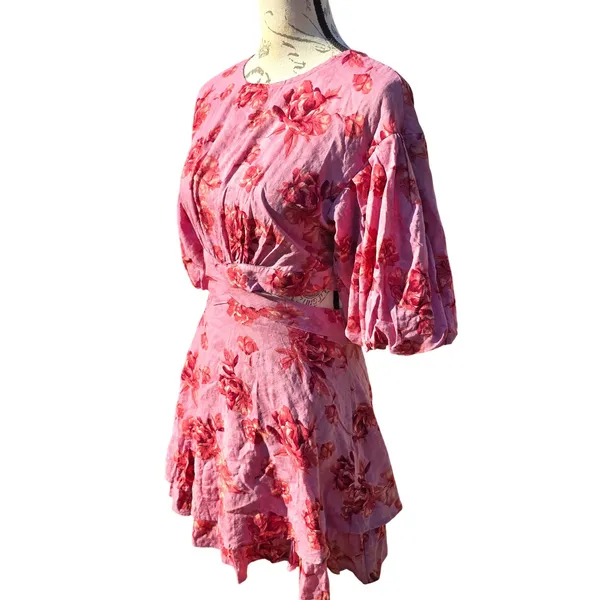 VICI Pink Floral‎ Cutout Puff Sleeve Tiered Mini Dress ACD70781B Small - Image 5