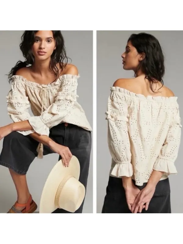 Anthro Seen Worn Kept Jane Eyelet Lace Off- The-Shoulder Shoulder Blouse Size 6 - Image 2