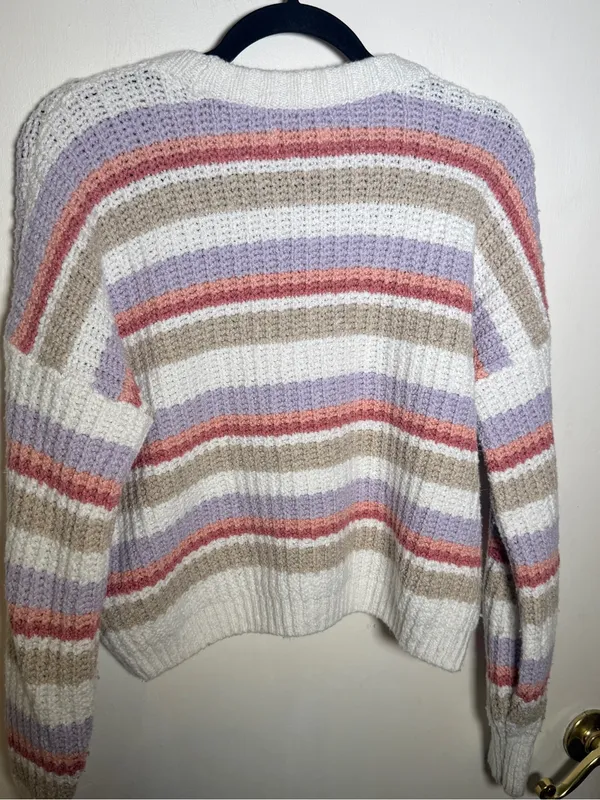 Hollister Women's Cropped Striped Knit Sweater - White with Pastel Stripes Small - Image 6